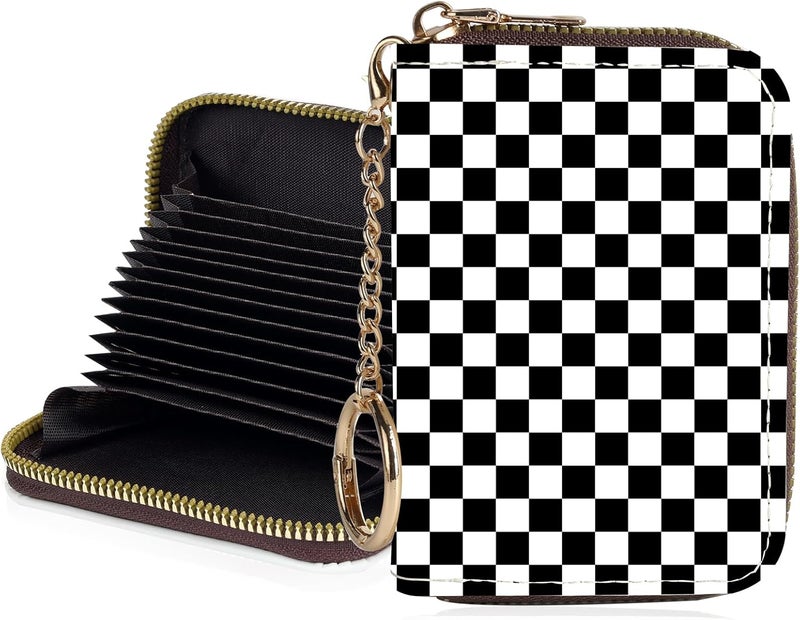 Luoycxy Credit Card Holder for Women,Small Rfid Wallet with Keychain Zipper,Cute PU Leather Card Case Wallet，Accordion Credit Card Wallets Gift,Checkered Pattern - Image 1